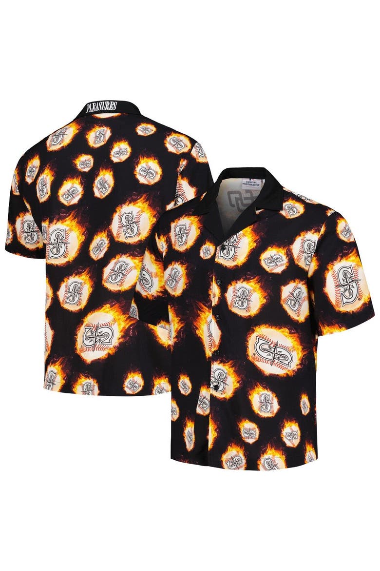 Men's PLEASURES  Black Seattle Mariners Flame Fireball Button-Up Shirt, Main, color, Black