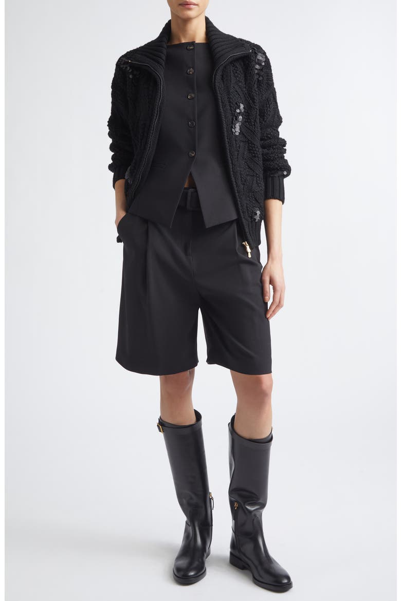 Sequin Embellished Cable Stitch Wool Zip Cardigan, Alternate, color, 22 BLACK