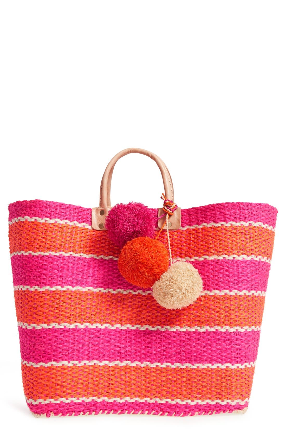 'Capri' Woven Tote with Pom Charms, Main, color, PINK
