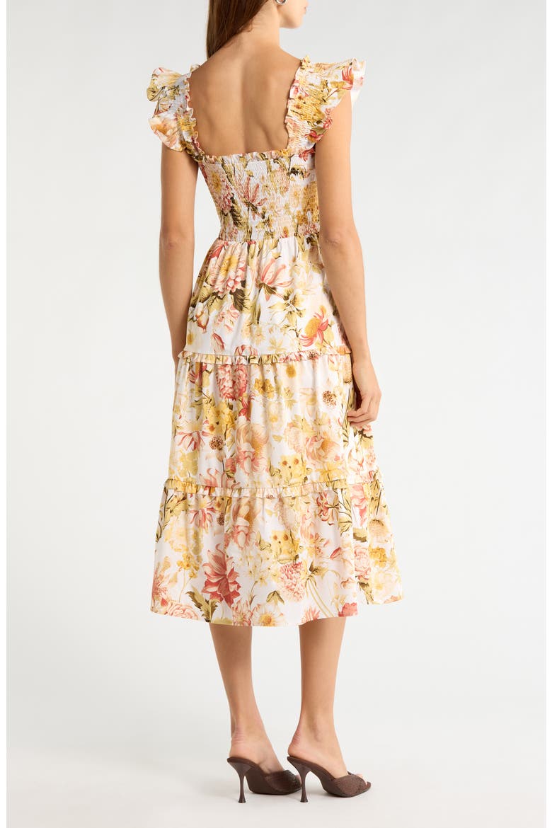 Emy Floral Zury Smocked Midi Dress, Alternate, color, IVORY/ CORAL MULTI