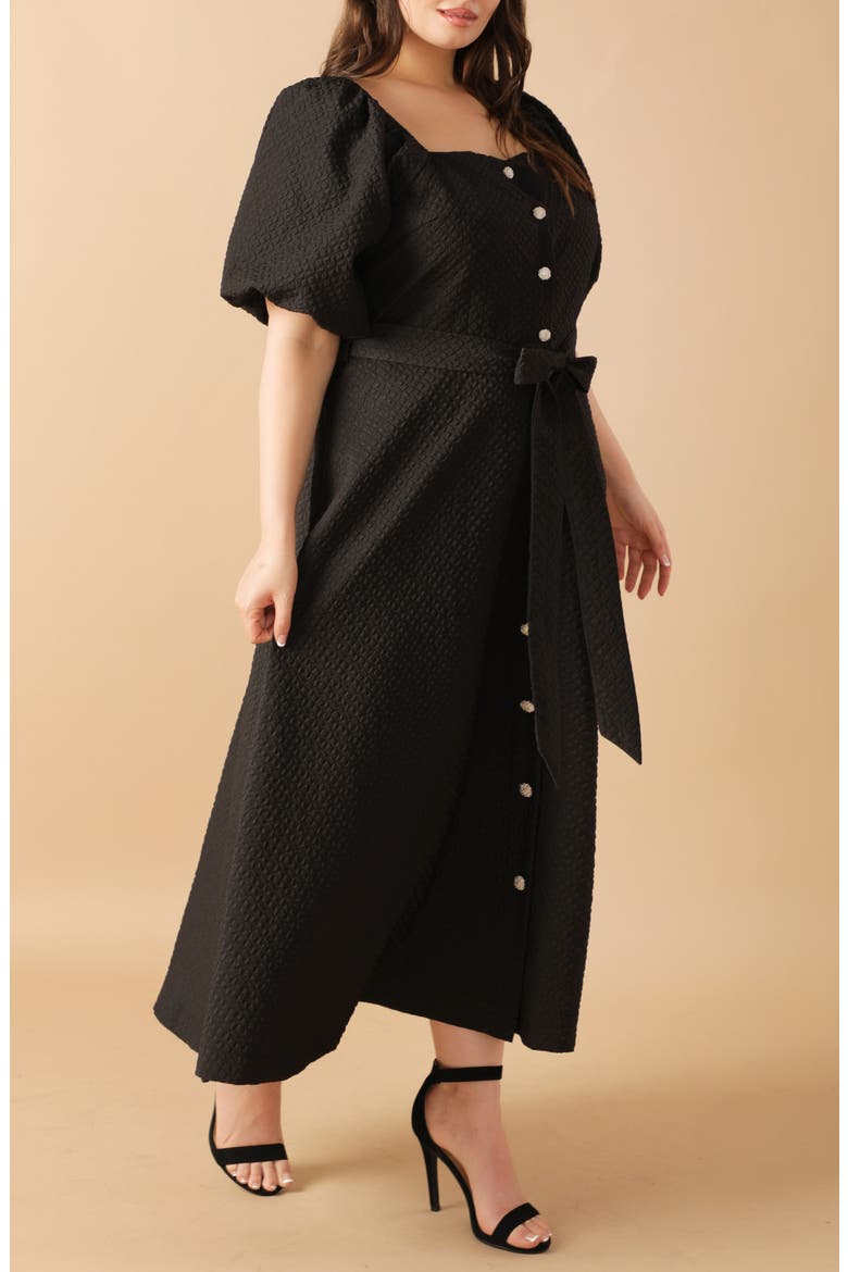 Textured Tie Waist Puff Sleeve Midi Dress, Alternate, color, BLACK