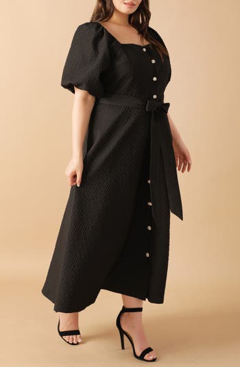 Textured Tie Waist Puff Sleeve Midi Dress