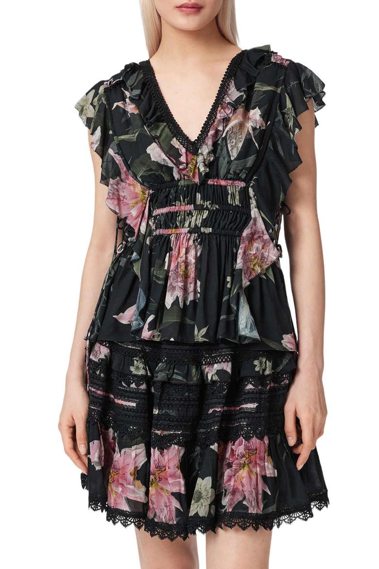 Canto Floral Side Tie Tiered Ruffle Trim Top, Main, color, CRYSTAL BLACK