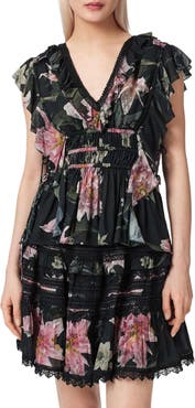 AllSaints Canto Floral Side Tie Tiered Ruffle Trim Top