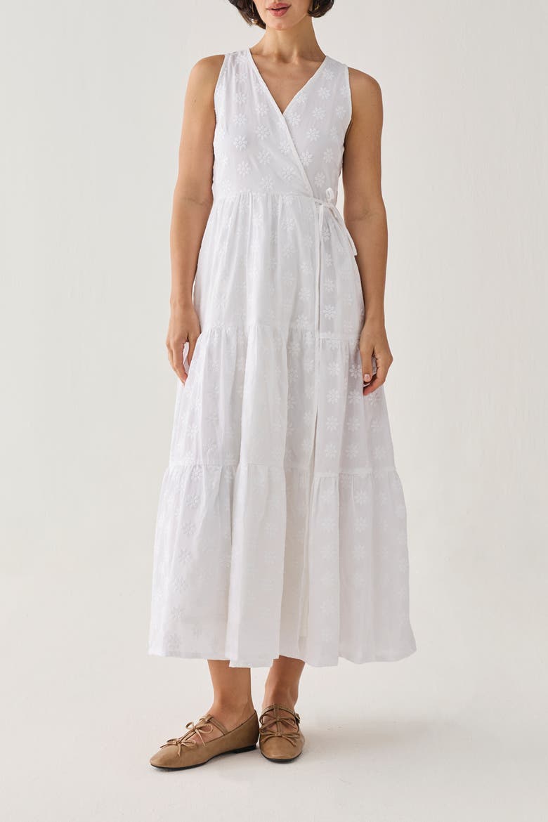 Embroidered Tiered Wrap Maxi Dress, Main, color, Embroidered Cotton White