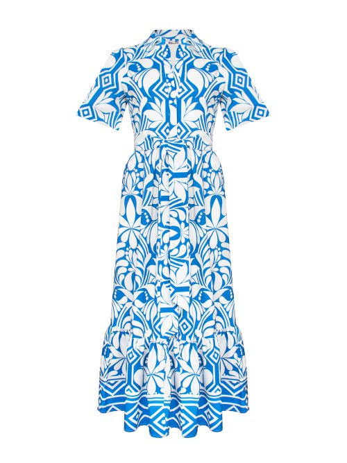 Ro&zo Blue Tile Printed Cotton Shirt Dress In Blue