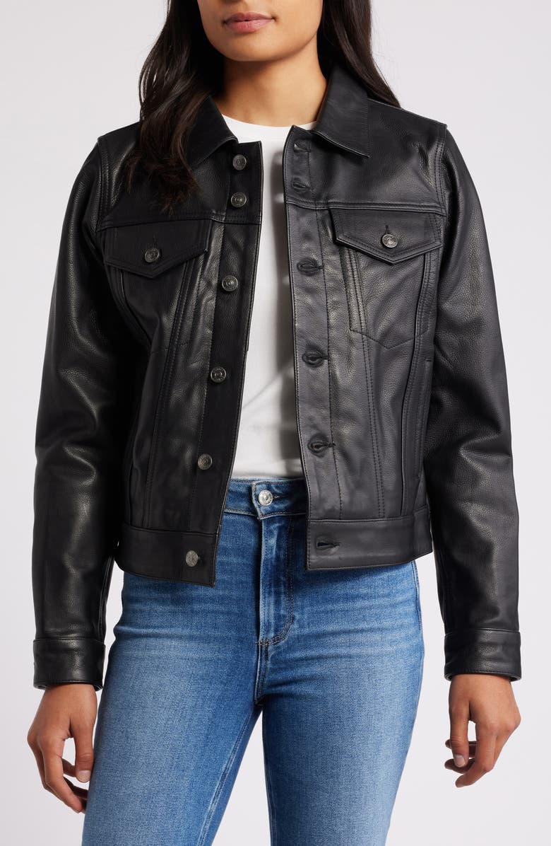 Schott NYC Leather Trucker Jacket, Alternate, color, Black