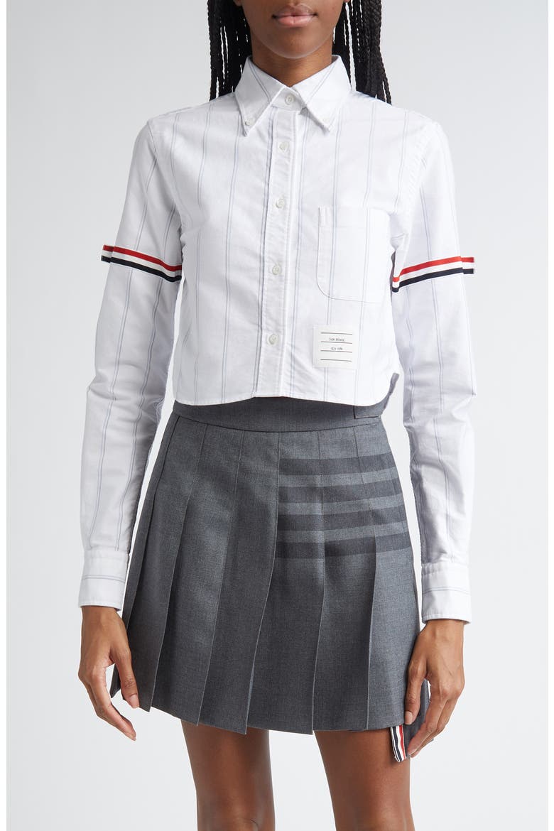Armband Stripe Cotton Poplin Crop Button-Down Shirt, Main, color, WHITE