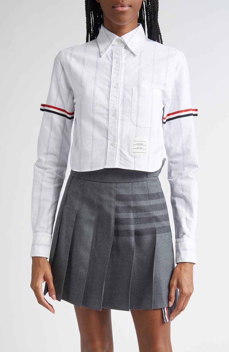 Thom Browne Armband Stripe Cotton Poplin Crop Button-Down Shirt, Main, color, White