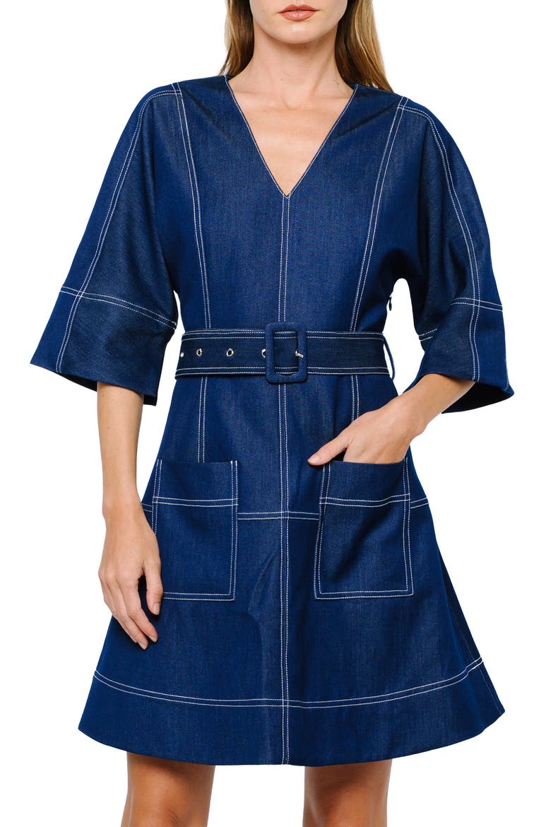 Polly Topstitch Detail Denim Look Dress, Alternate, color, NAVY