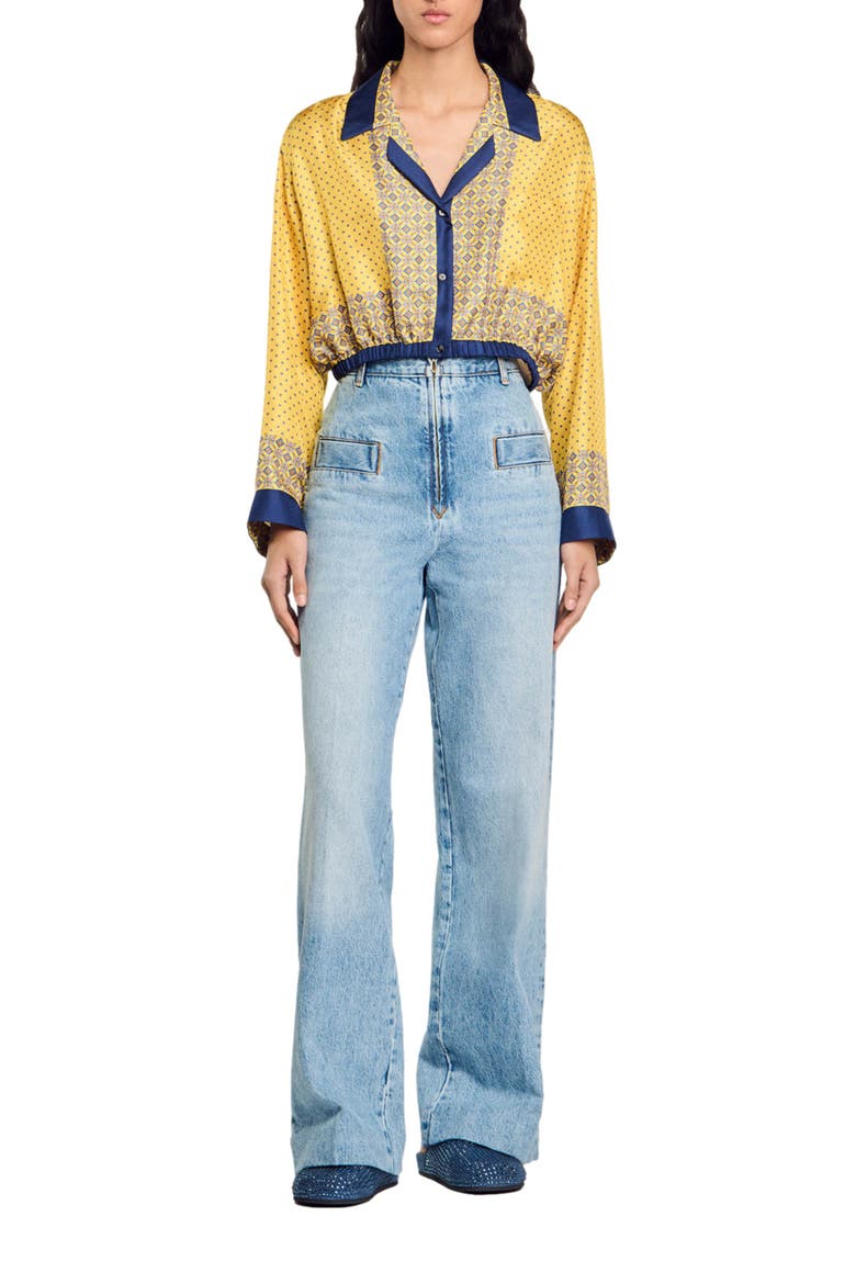 Short patterned flowing silk shirt, Alternate, color, Yellow / blu