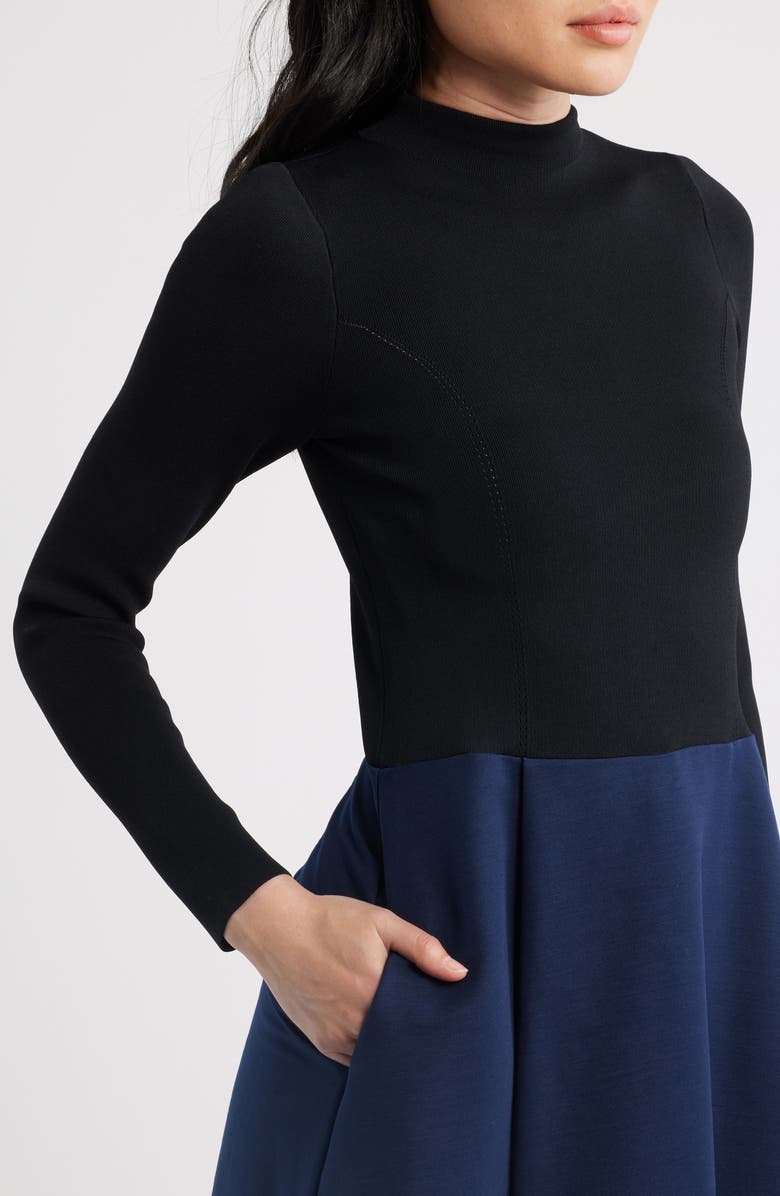 Ted Baker London Chira Long Sleeve Mixed Media Dress, Alternate, color, Black/ Blue
