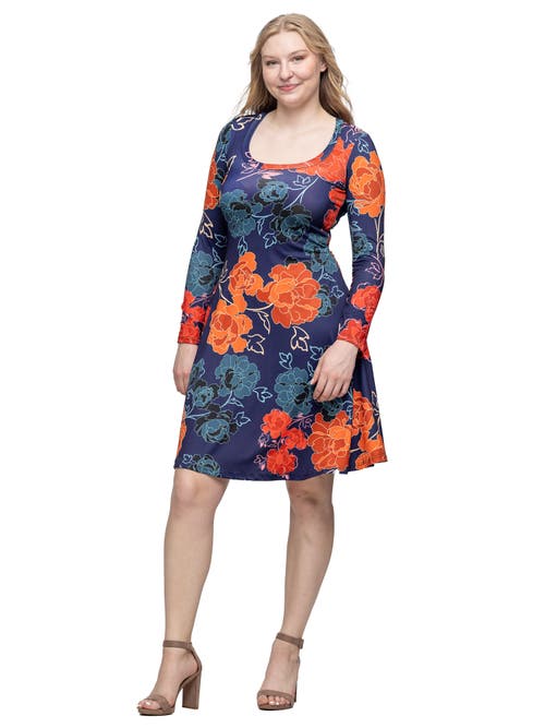 24seven Comfort Apparel Floral Print Long Sleeve Knee Length Dress In Multi