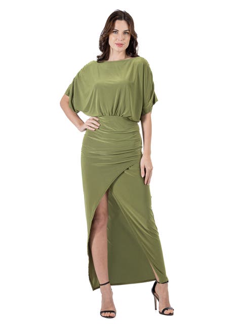 Boat Neck Batwing Sleeve Slit Maxi Dress