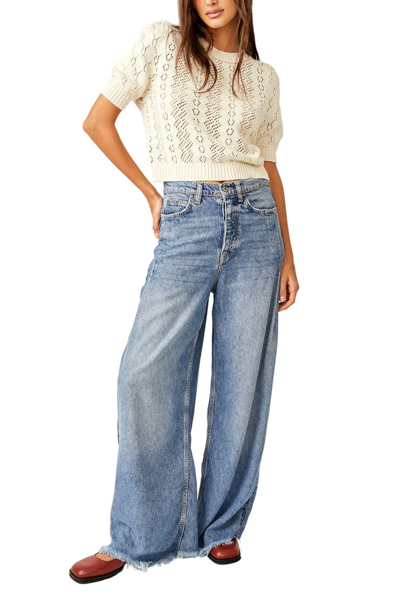 Free People Eloise Open Stitch Puff Shoulder Sweater, Alternate, color, Tofu Combo