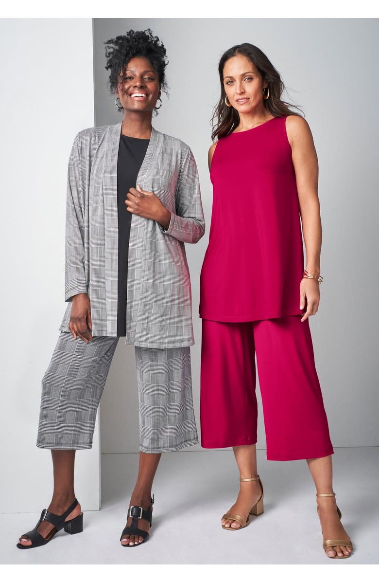 Jessica London Stretch Knit Wide Leg Crop Pant, Alternate, color, Black Bias Plaid