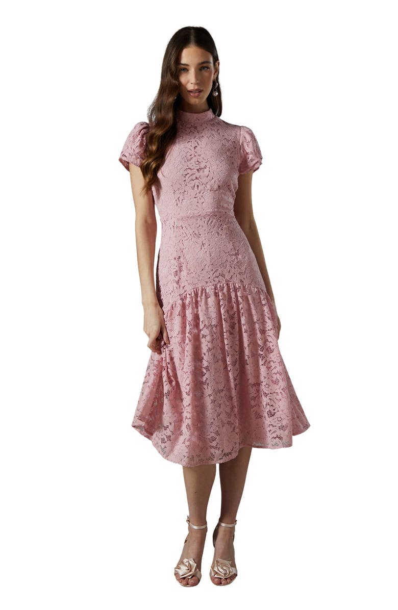 Coast Lace Frill Sleeve High Neck Midi Dress, Main, color, Blush