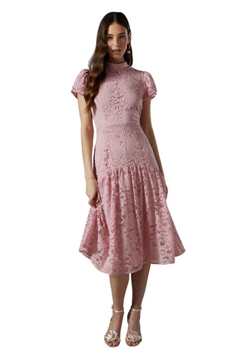 Lace Frill Sleeve High Neck Midi Dress