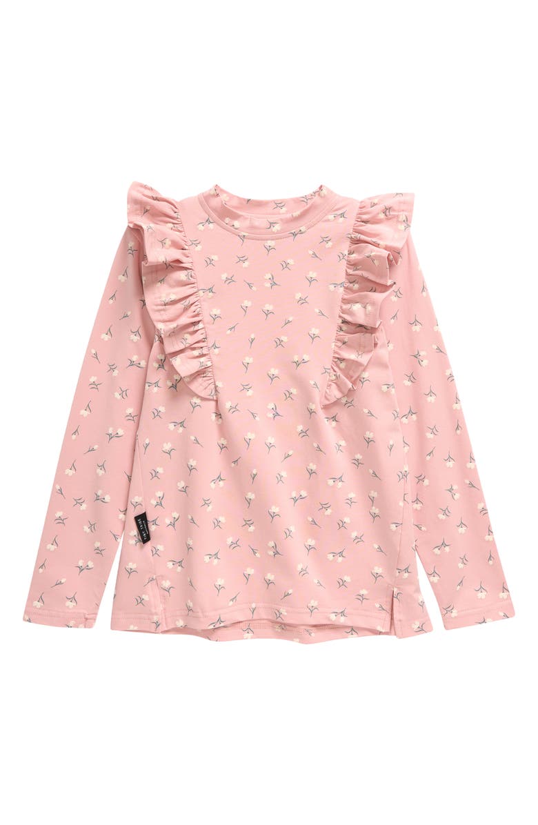 TINY TRIBE Floral Long Sleeve Cotton Ruffle Top, Main, color, Pink