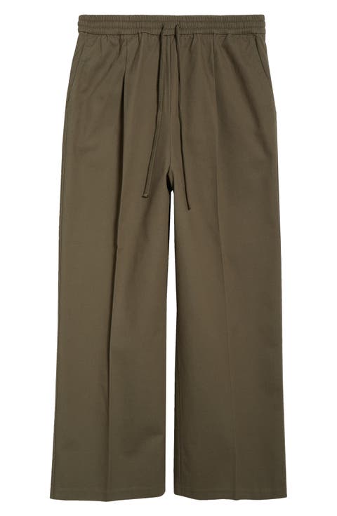 Pleat Front Drawstring Cotton Twill Pants