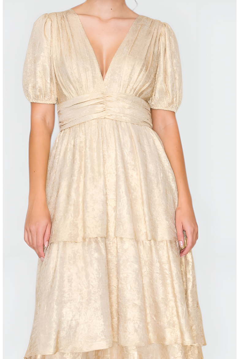 Tiered Metallic Puff Sleeve Pleated Waist Maxi Dress, Alternate, color, Metallic Gold
