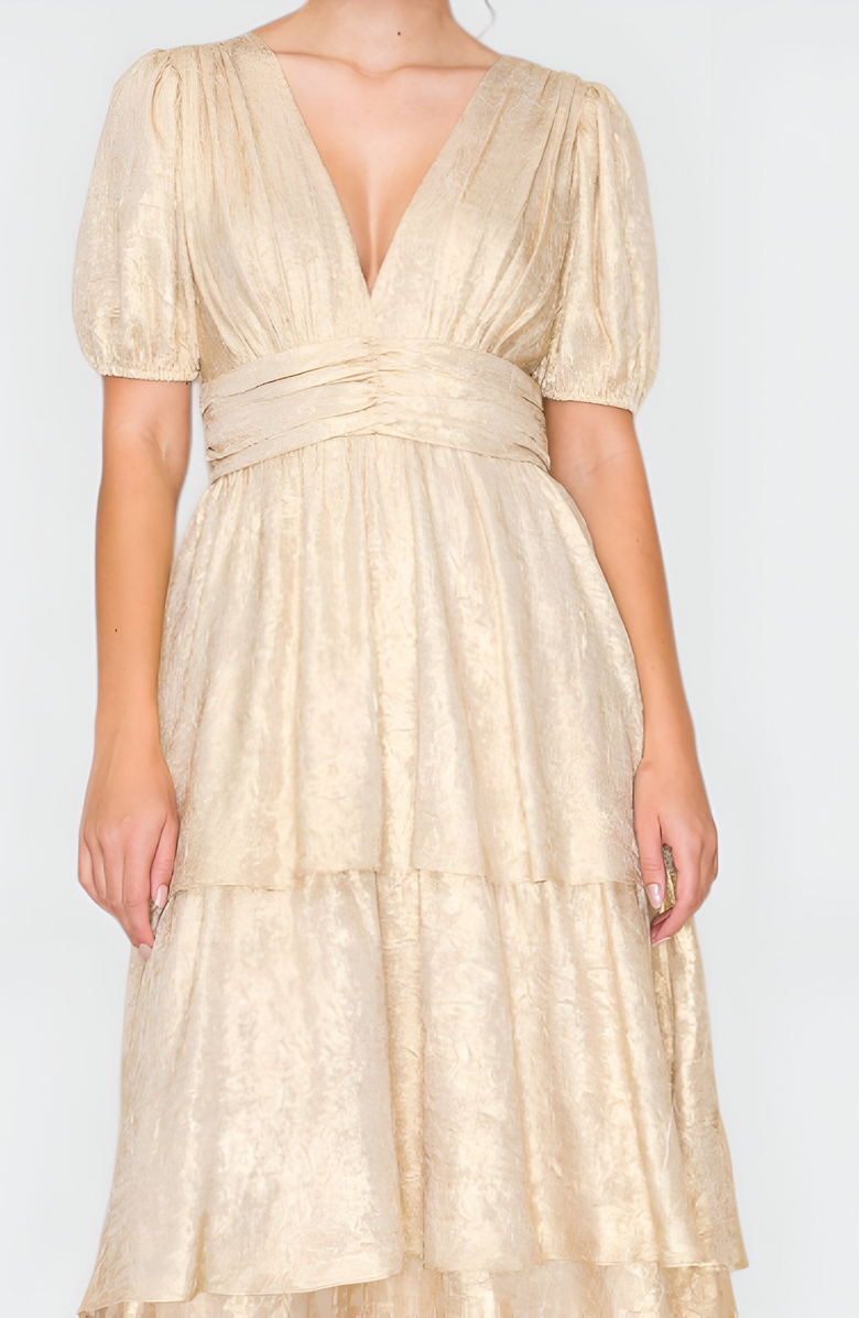 Modenaire Tiered Metallic Puff Sleeve Pleated Waist Maxi Dress, Alternate, color, Metallic Gold