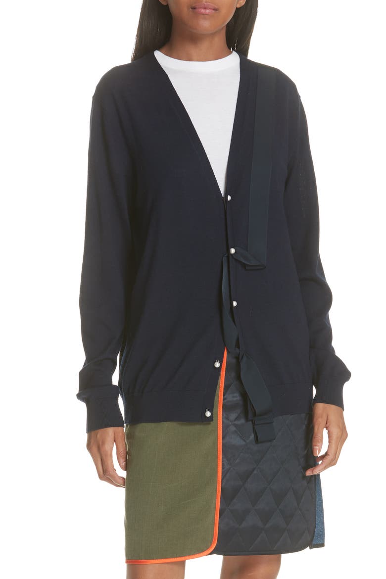 Ribbon Detail Wool Cardigan, Main, color, NAVY