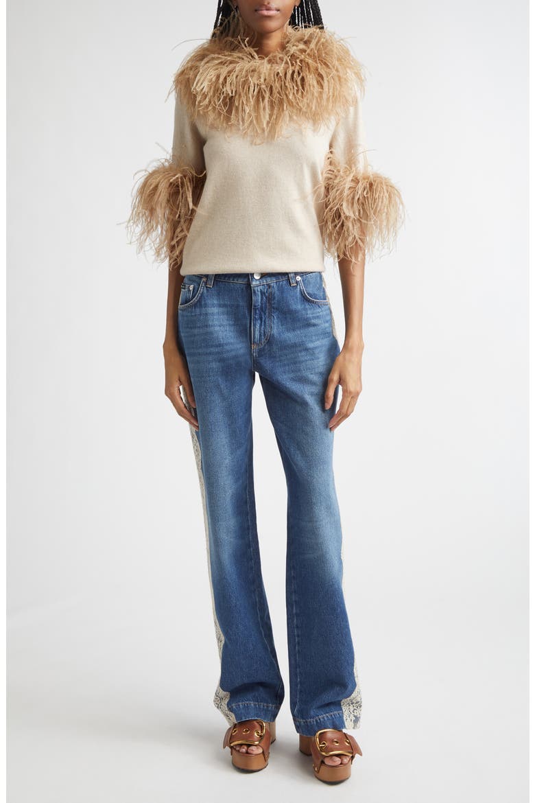 Feather Trim Short Sleeve Cashmere Sweater, Alternate, color, BEIGE