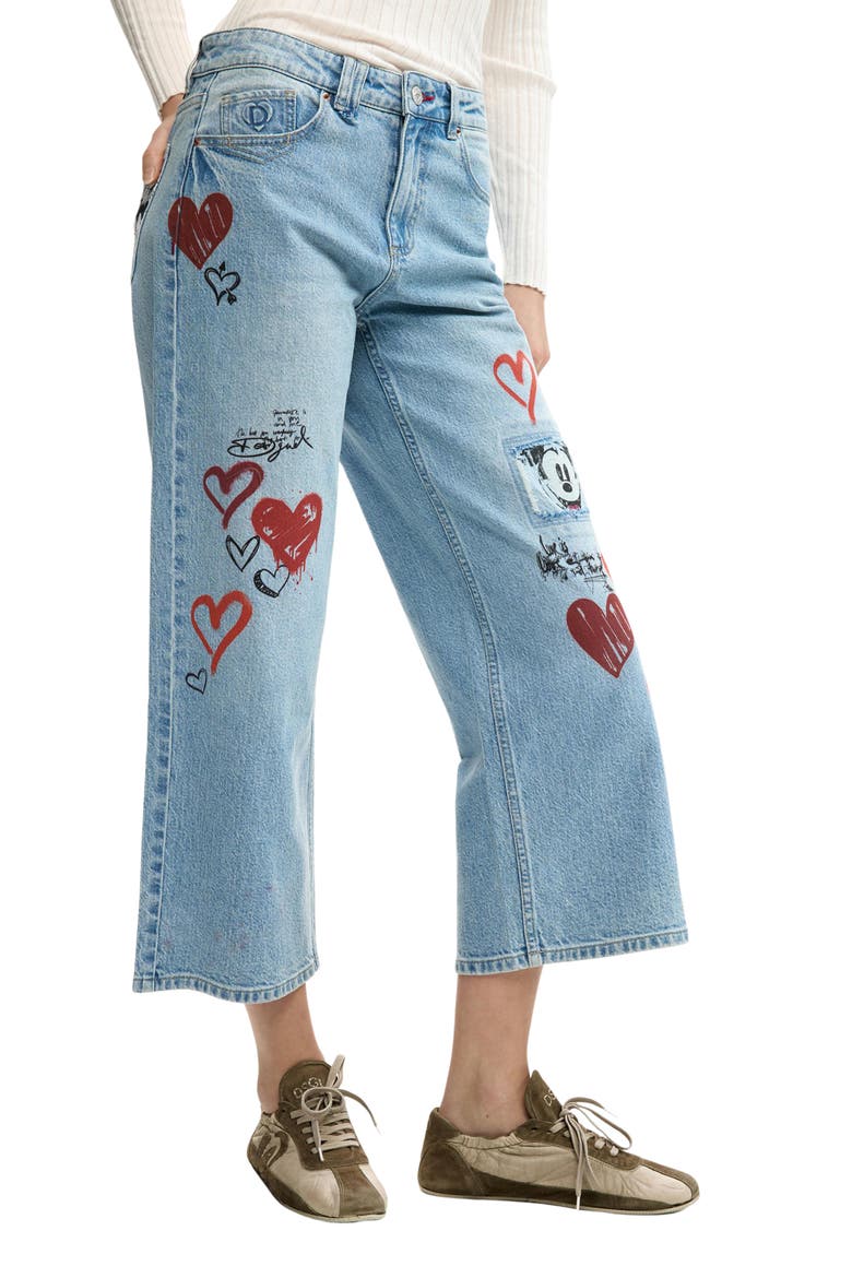 Printed Wide Leg Jeans, Alternate, color, MEDIUM BLUE