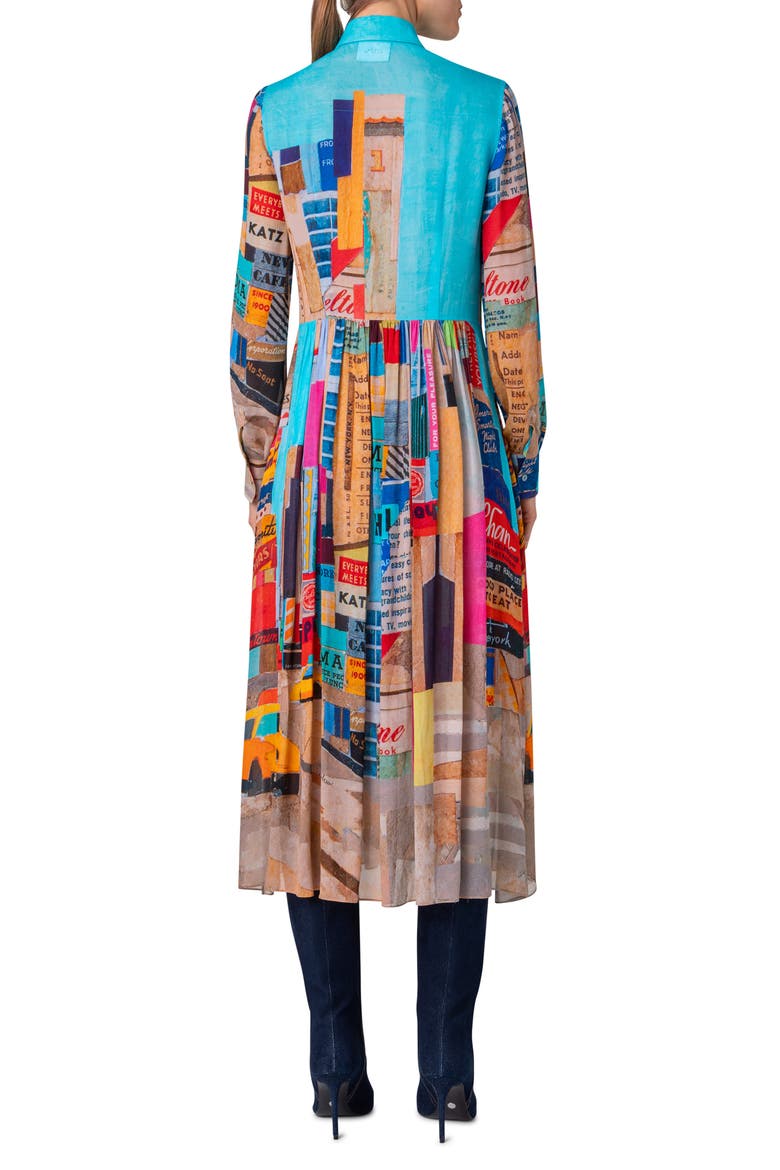 NYC Paper Collage Print Long Sleeve Georgette Midi Shirtdress, Alternate, color, BLUE MULTICOLOR