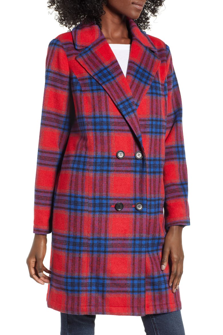 Plaid Double Breasted Coat, Alternate, color, RED CHINOISE RITA PLAID