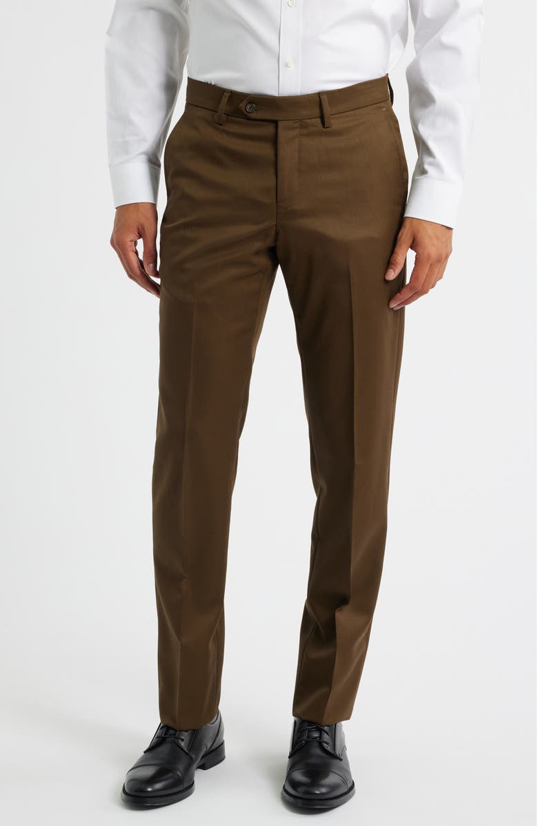 Berle Slim Fit Flat Front Brown Super 100s Wool Dress Pants, Main, color, Tobacco