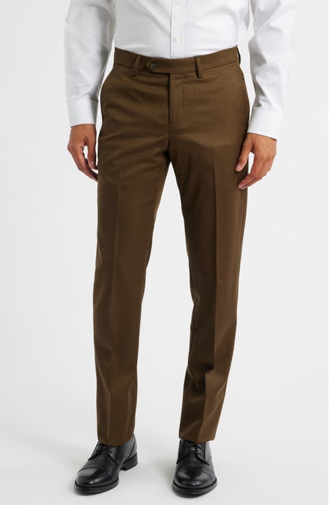 Slim Fit Flat Front Brown Super 100s Wool Dress Pants (Regular & Big)