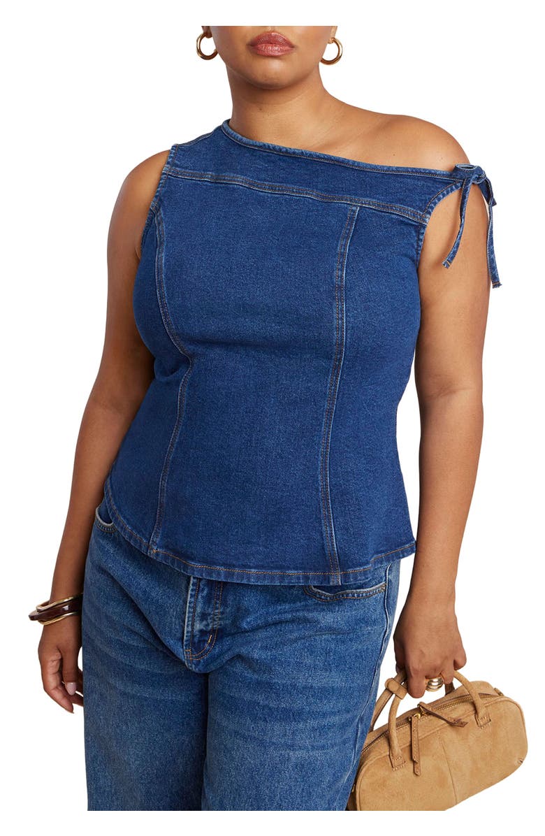 ELOQUII Asym Denim Top, Main, color, Medium Wash