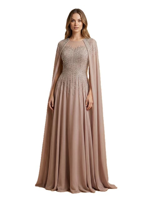 Chiffon A-line Long Gown with Long Cape Sleeves