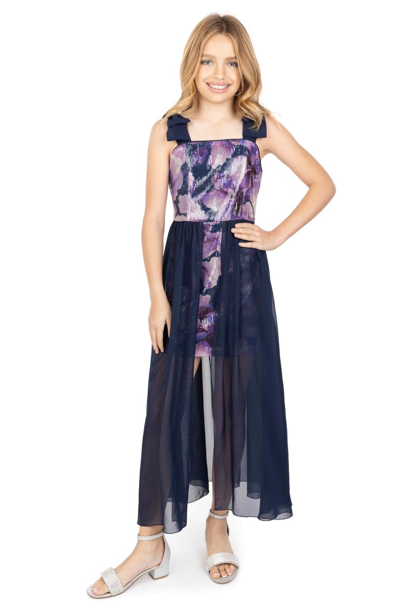 Speechless Kids' Print Sequin Walk Thru Party Dress, Alternate, color, Navy/ Purple