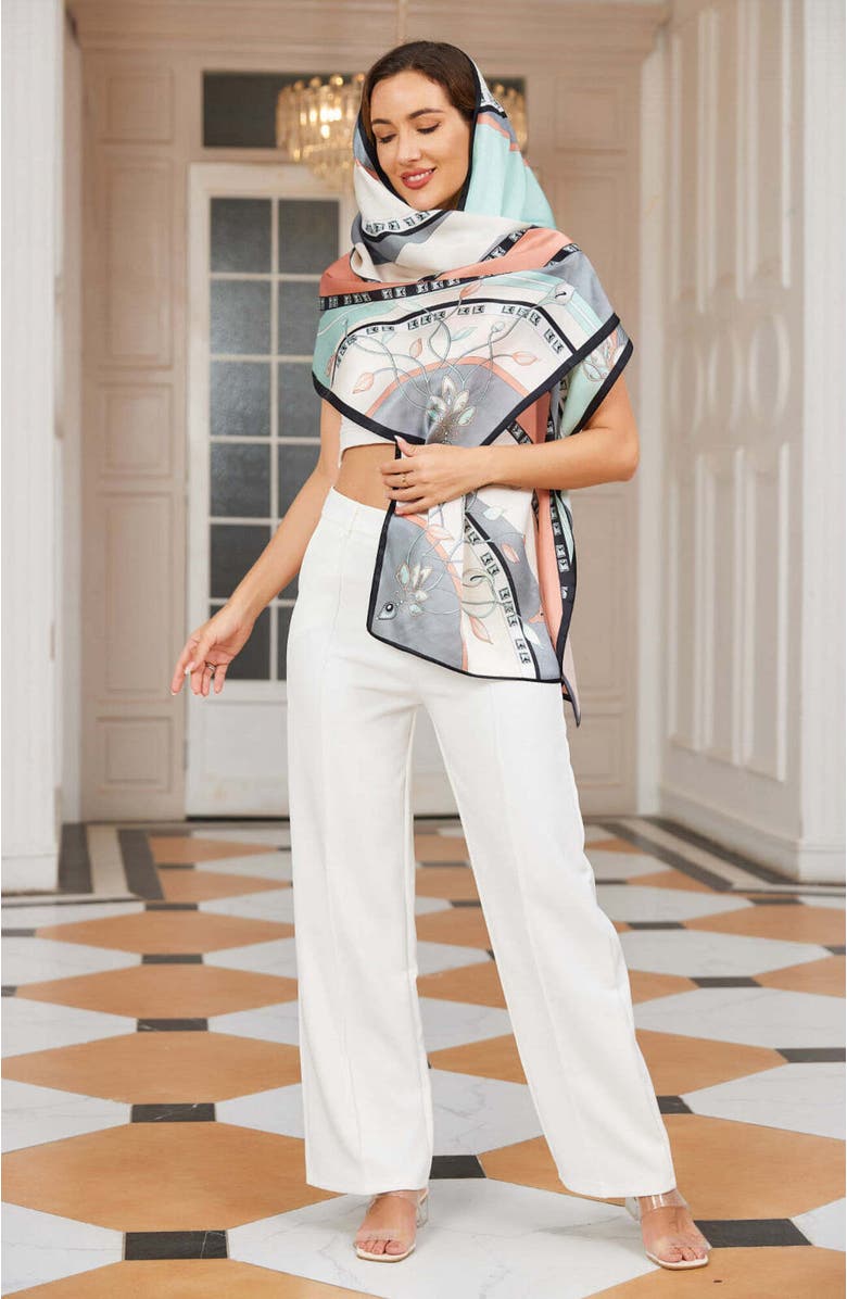 SILKSILKY Mulberry Silk Printed Rectangular Long Shawl Scarf, Alternate, color, Mint Green