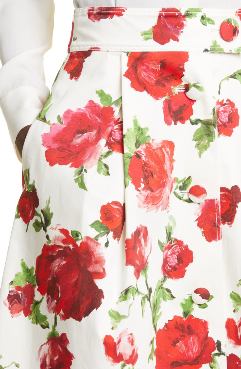 Carolina Herrera Rose Print Button Front Cotton A-Line Skirt, Alternate, color, 