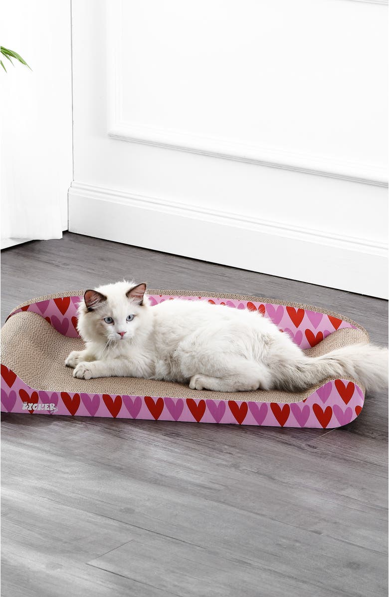 The Licker Store Montego 27.5" Coastal Patterned Cardboard Lounge Bed Cat Scratcher with Catnip, Alternate, color, Pink/Red