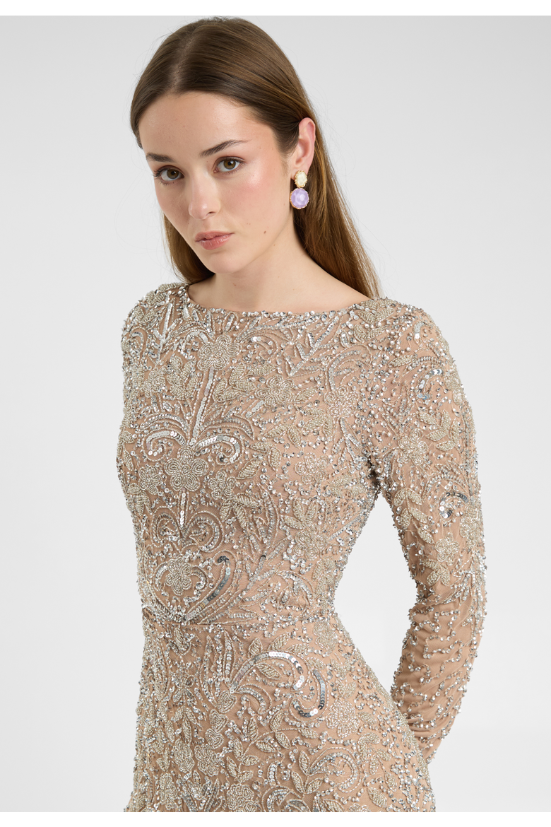 Modest Embellished Sequin Beaded Dress Maxi With Detailed Design, Alternate, color, TAUPE BLUSH