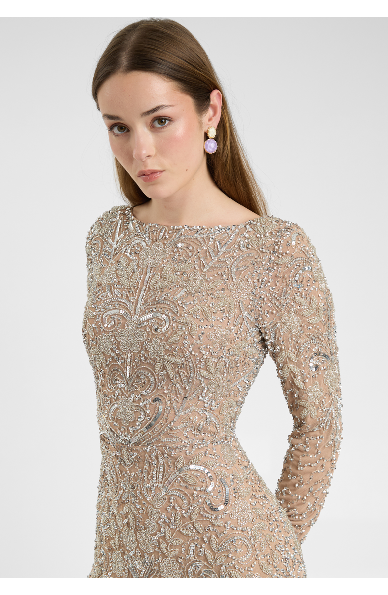 MARYISA Modest Embellished Sequin Beaded Dress Maxi With Detailed Design, Alternate, color, Taupe Blush