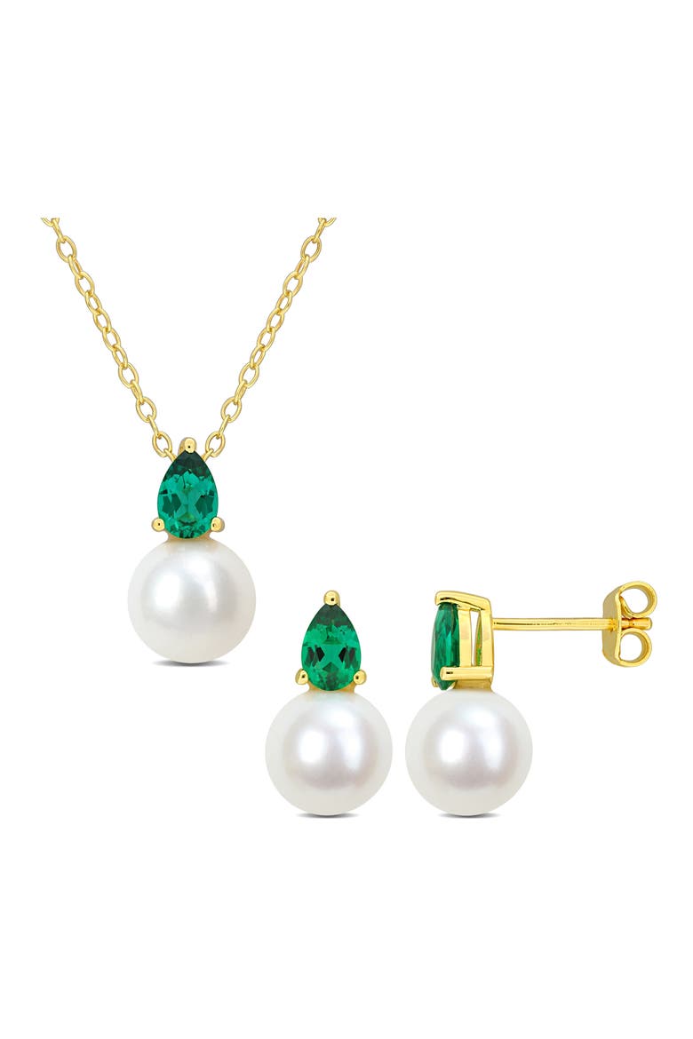 Emerald & Freshwater Pearl Stud Earrings & Pendant Necklace Set, Main, color, GREEN