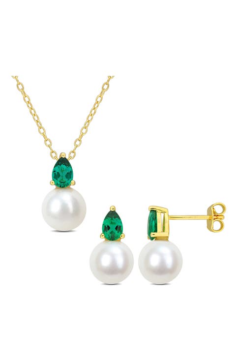 Emerald & Freshwater Pearl Stud Earrings & Pendant Necklace Set