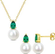 DELMAR Emerald & Freshwater Pearl Stud Earrings & Pendant Necklace Set