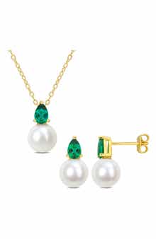 DELMAR Emerald & Freshwater Pearl Stud Earrings & Pendant Necklace Set