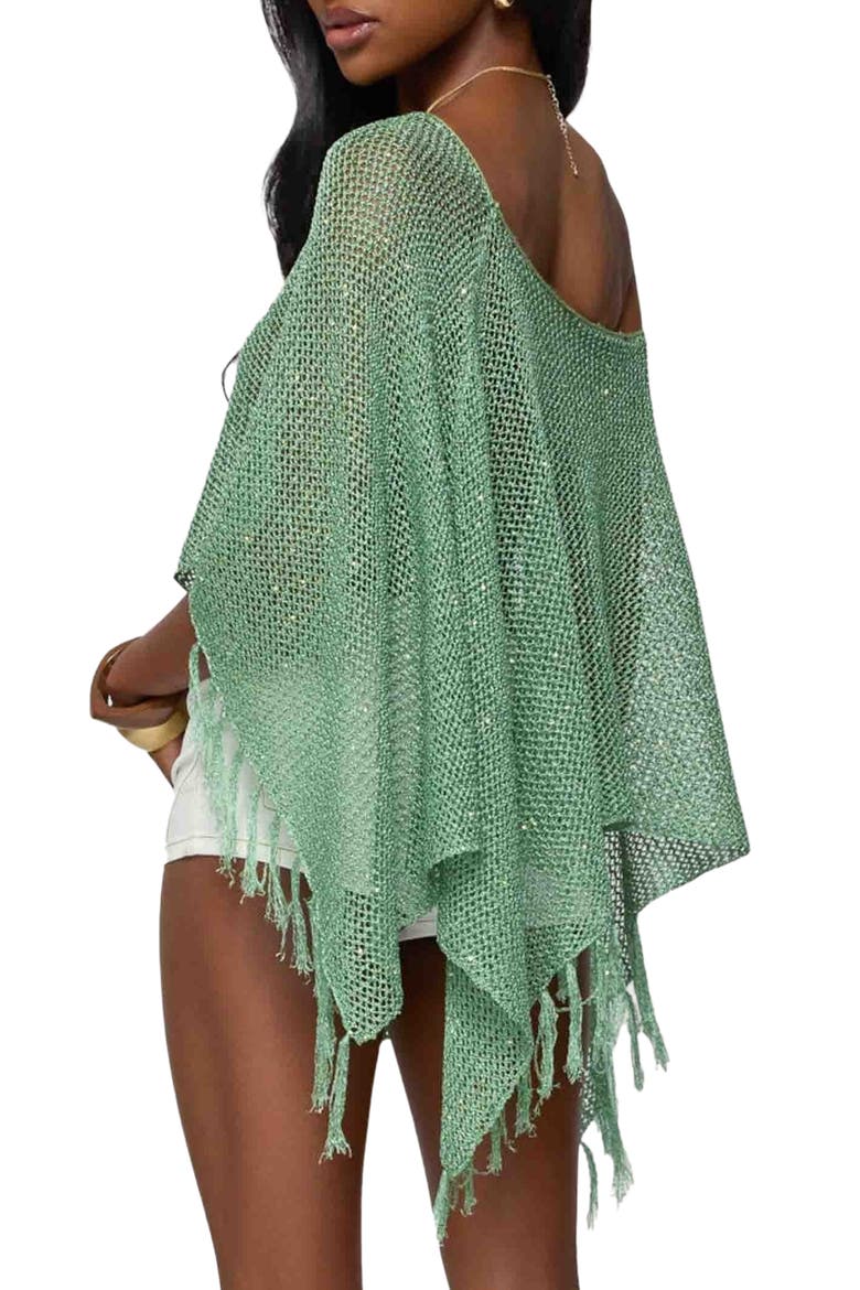 Sequin Fringe Knit Poncho, Alternate, color, GREEN