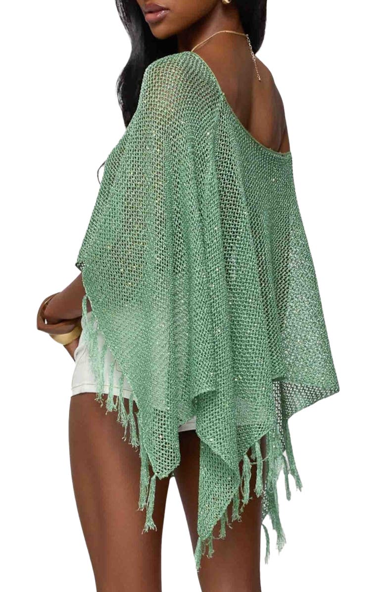 EDIKTED Sequin Fringe Knit Poncho, Alternate, color, Green