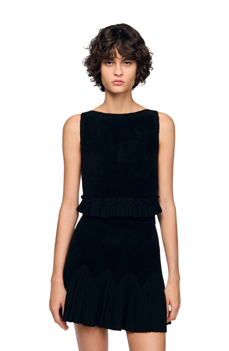 SANDRO Ruffled knit crop top, Main, color, Black