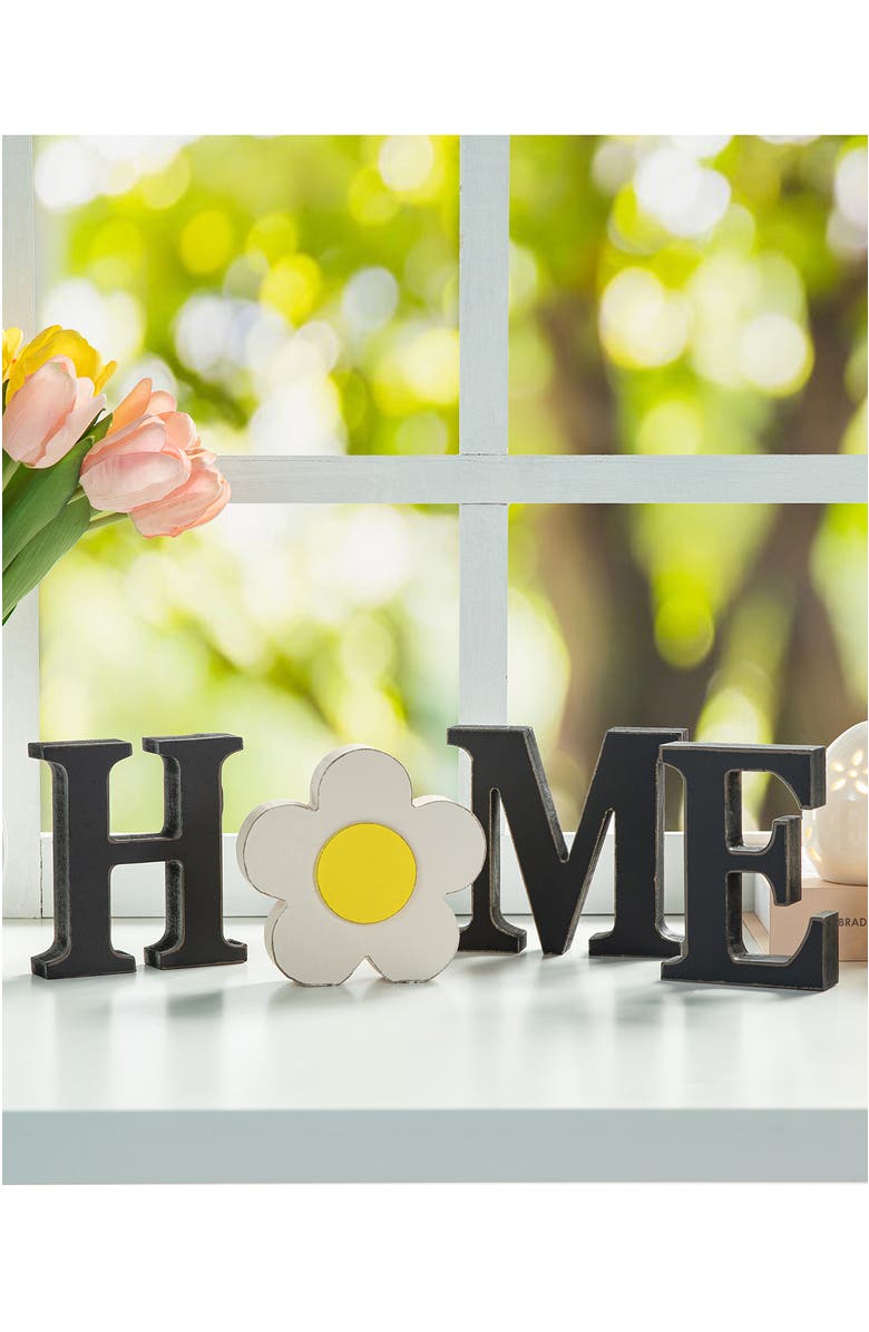 Glitzhome 13-Pieces Wooden Interchangeable HOME Tabletop Sign with Seasonal Icons, Alternate, color, Black