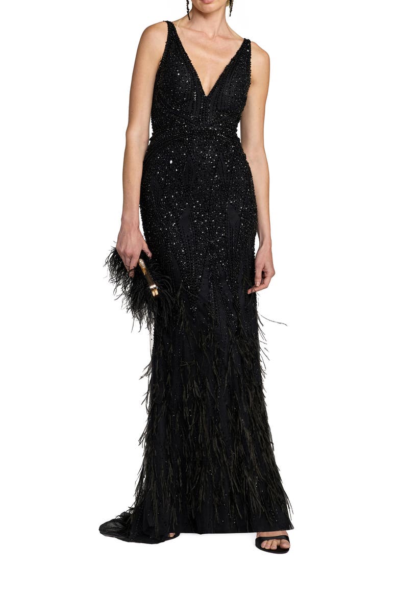 Embellished Feather Detail Hem Gown, Main, color, Black